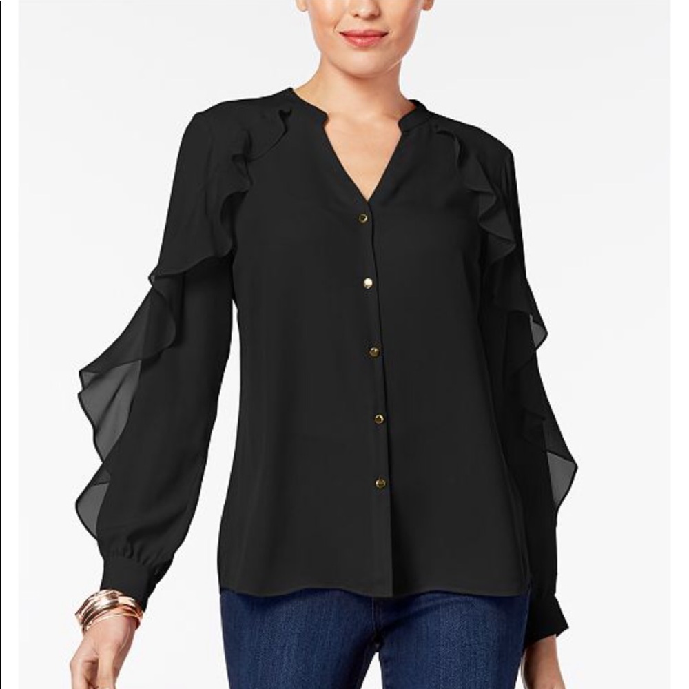 Ruffled V-Neck Blouse with Gold Buttons